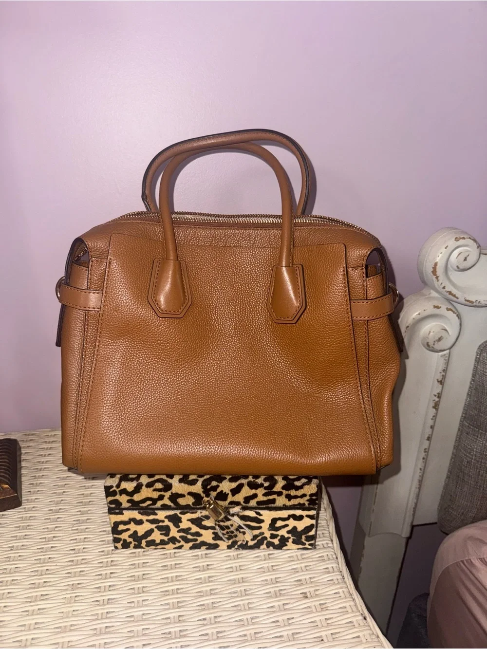 Michael Kors Cognac Pebbled Leather Satchel with Heart Charm